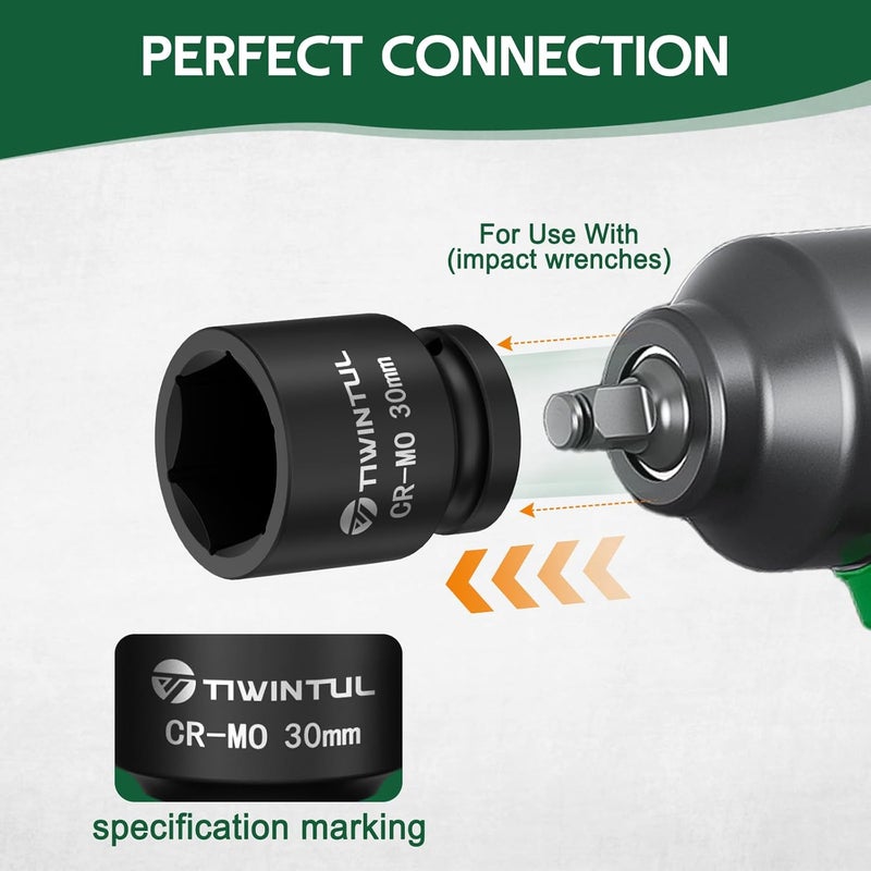 TIWINTUL 30mm Shallow Impact Socket, 1/2 Inch Drive 6 Point Design Impact Socket, Heat-Treated Chromium-Molybdenum Steel, ANSI Standards, Metric, Axle Nut Socket for Easy Removal of Axle Shaft Nuts - Image 4